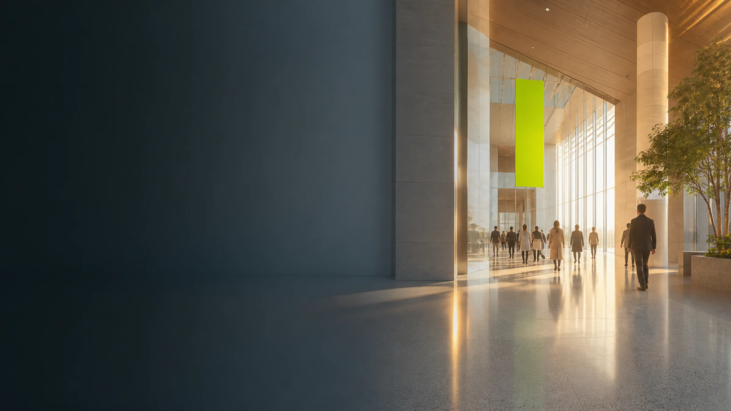 Arrival hall of a virtual exhibition venue, lit by a single acid-lime source