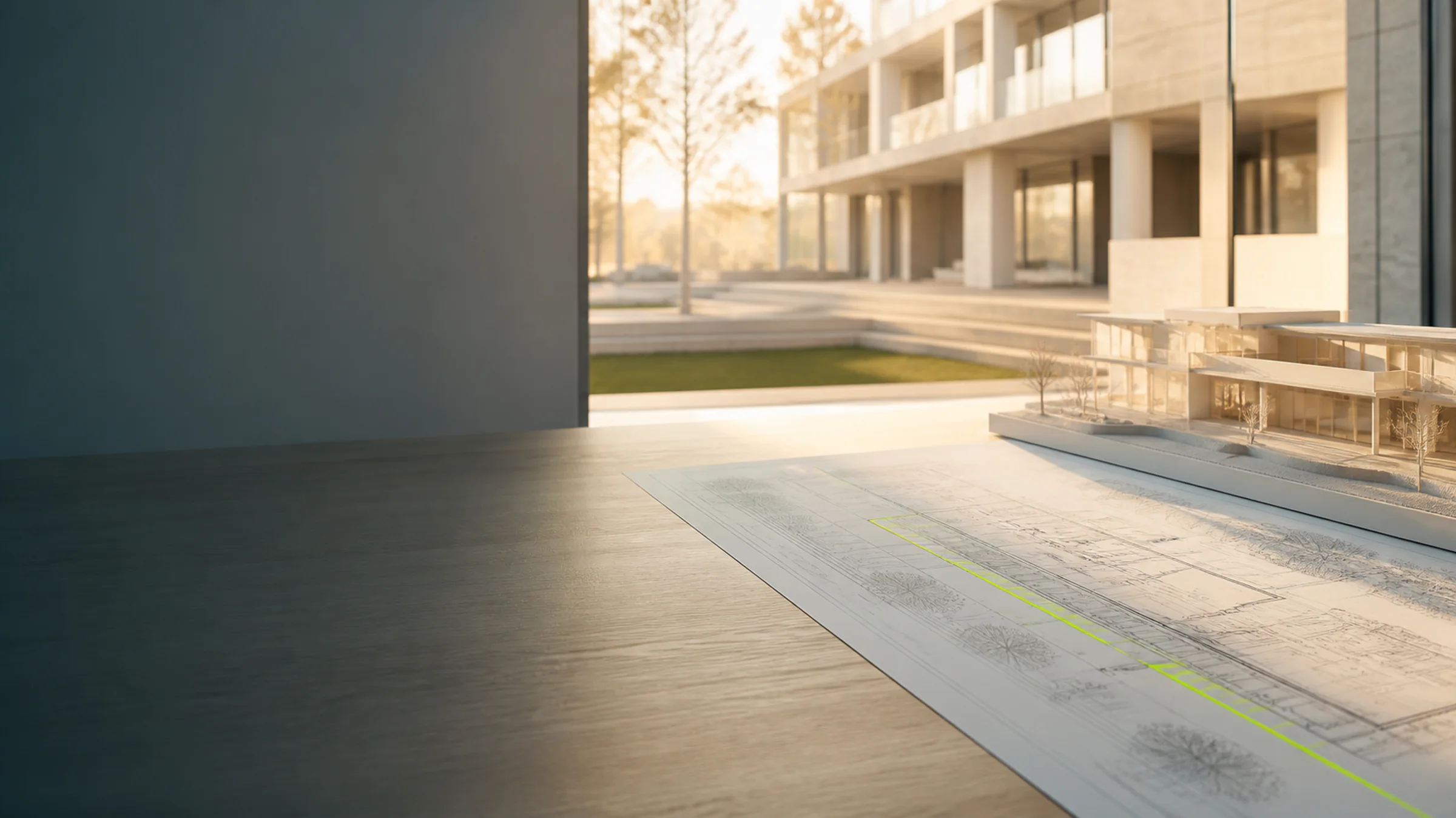Architectural plan drawing dissolving into a lit corridor