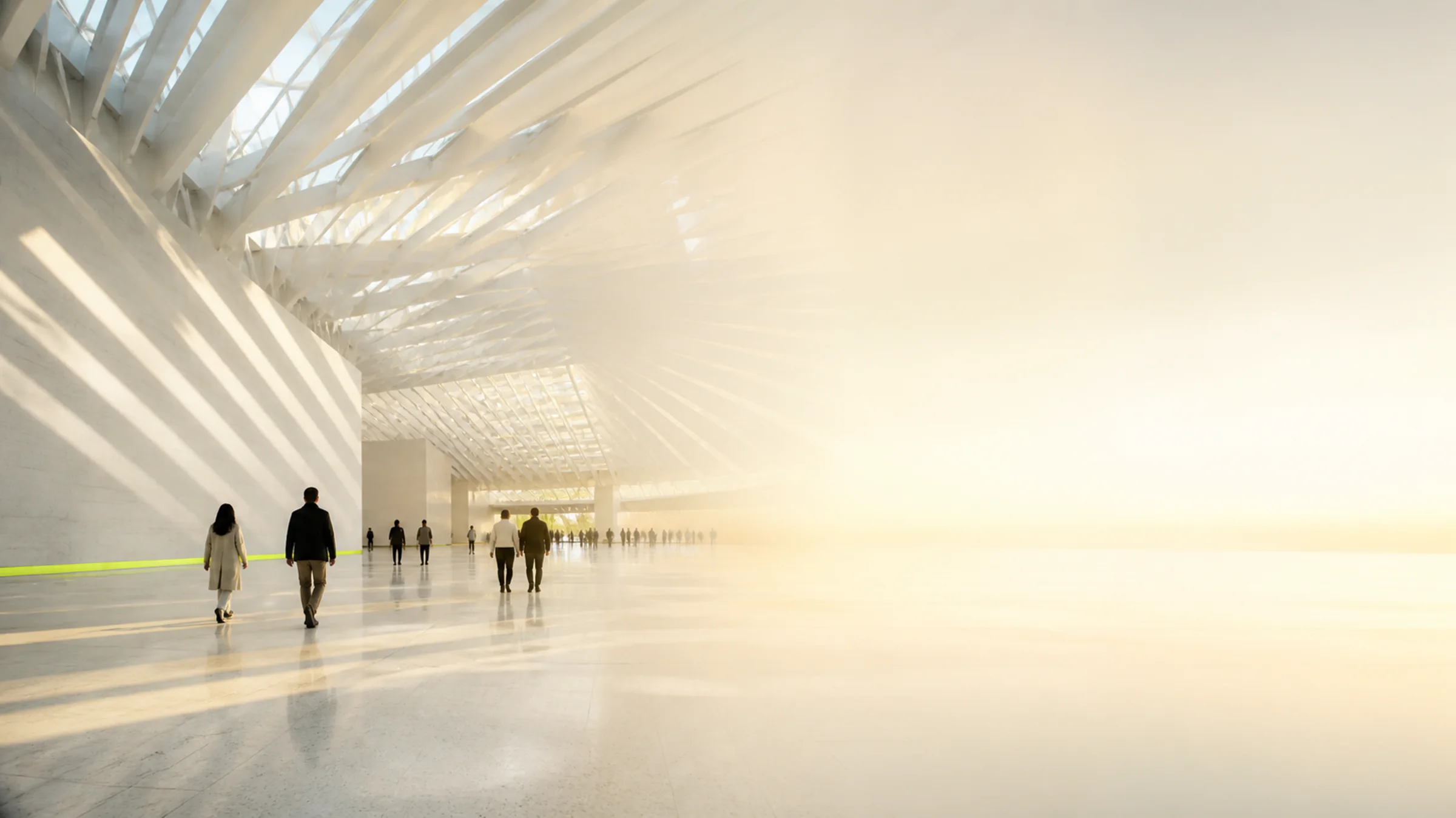 Wide empty exhibition concourse at dusk, single figure silhouetted