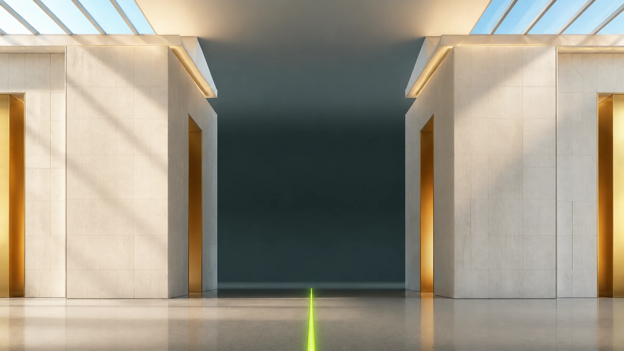 Two identical monolithic structures joined by a single illuminated seam