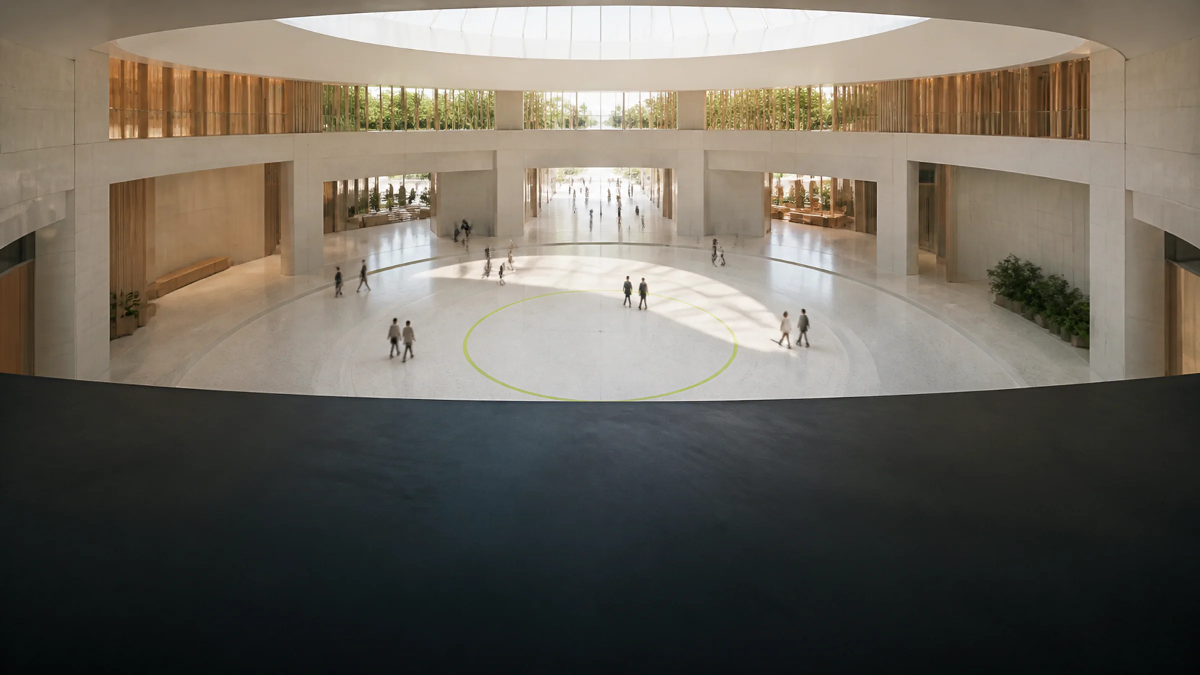 LOBBY — One orientation space. Every destination in the venue is one decision away, and the visitor always knows where they stand.