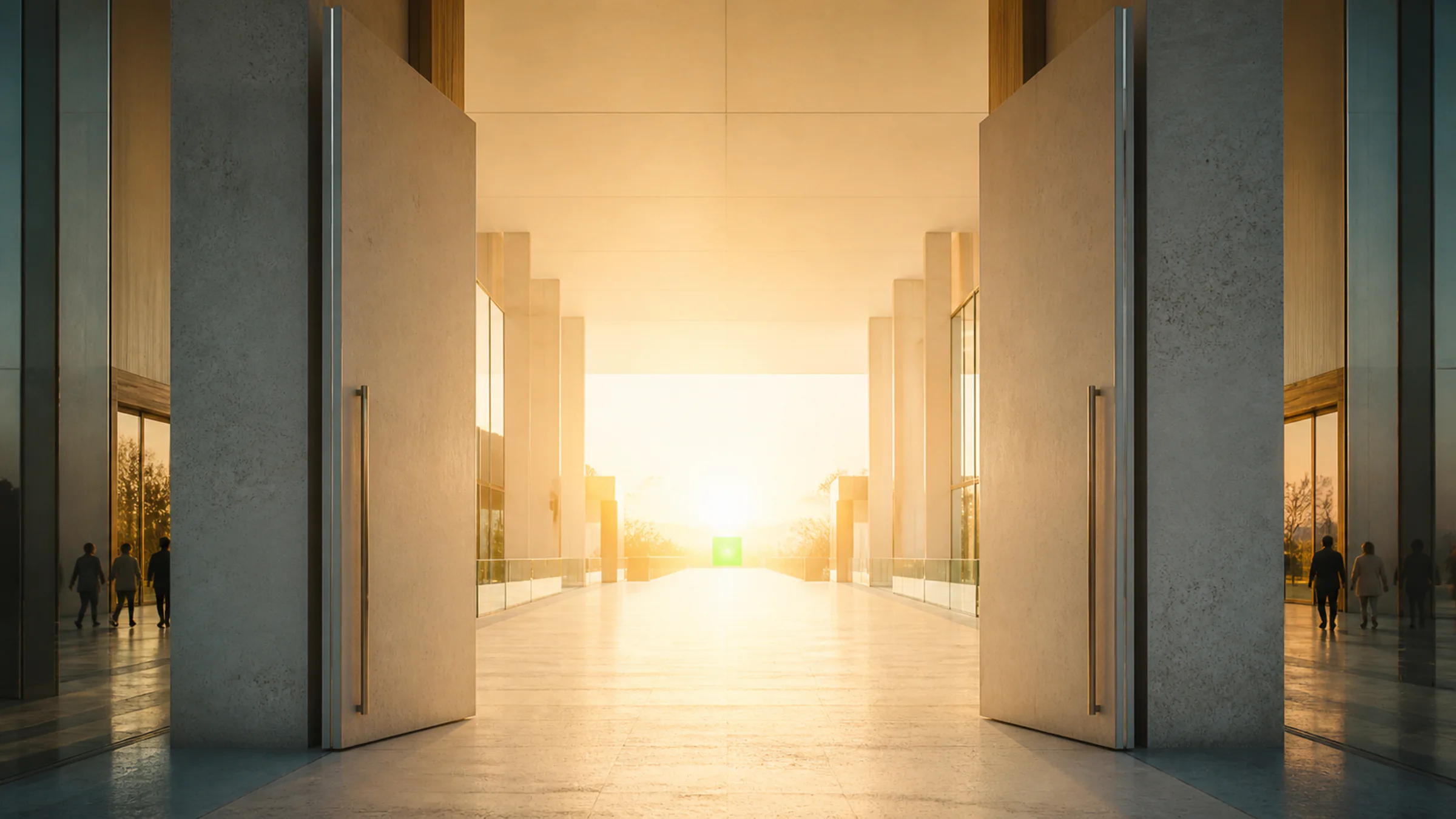 Threshold of a lit venue at night, doors open onto an empty concourse
